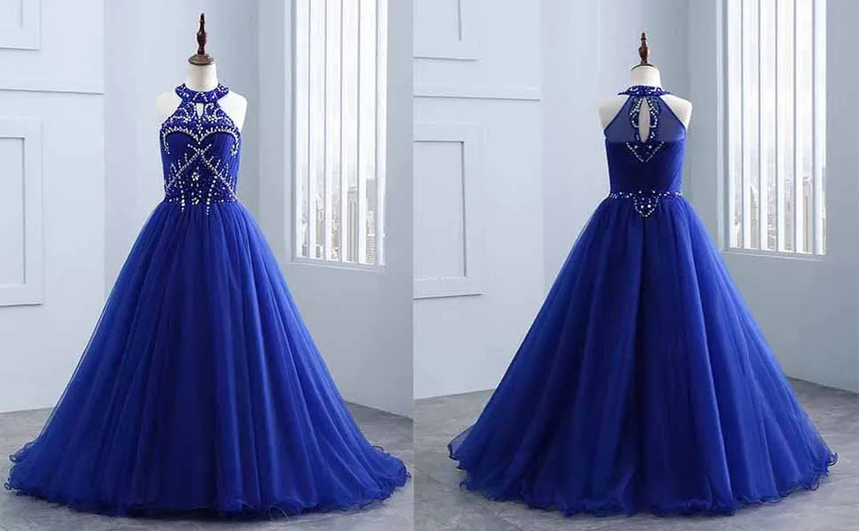 Royal Blue Halter Girls Pageant Dresses Barato Largo 2018 Luxury Crystal Rhinestones Con cuentas Una línea de tul Keyhole Back Vestidos de flores para niñas