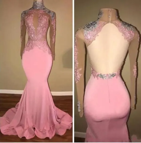 2020 Rosa Mermaid Prom Dresses High Neck sem costas Veja através de mangas compridas Apliques de renda de lantejoulas Vestido de festa da festa G8896061