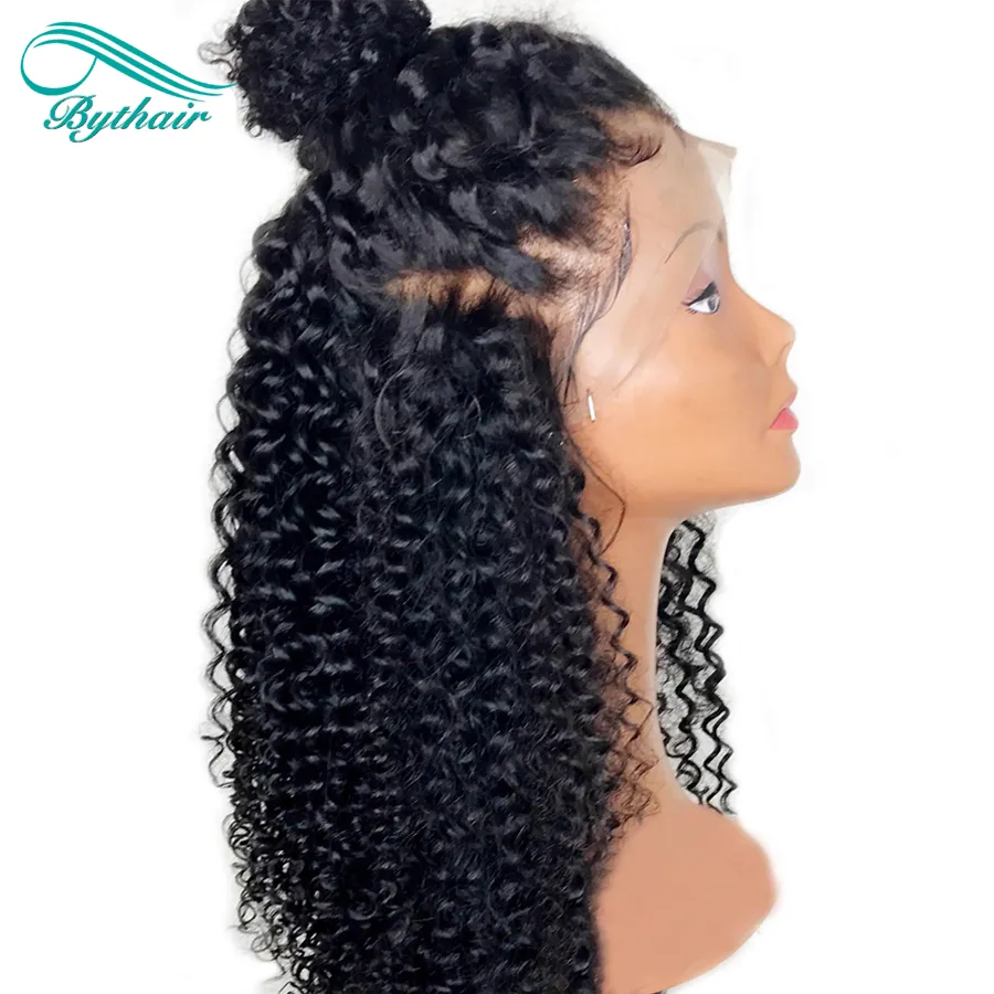 Bythair 13x6 HD Transparent Lace Front perruques de cheveux humains couleur noire naturelle pour les femmes bouclés avec des poils de bébé blanchis Knots282G