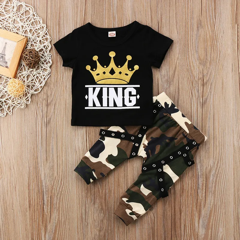 Sommer Baby Boy Kleidung Schwarz König Gedruckt T-shirt + Camouflage Hosen 2PCS Baby Kinder Kleidung Jungen Set Kinder kleidung Jungen Outfits