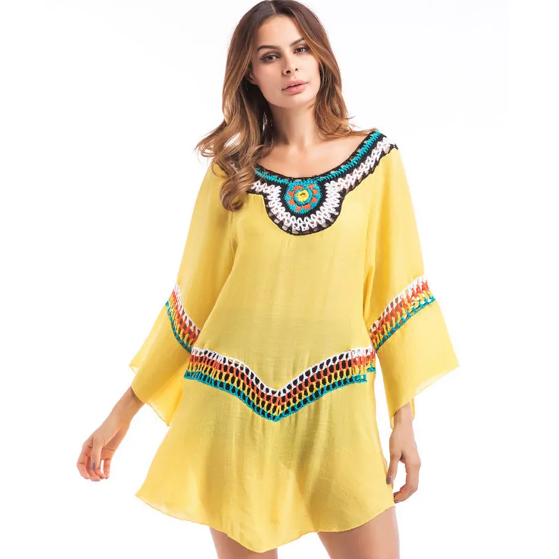 Abito da ricamo taglie forti 2018 nuovo abito vintage moda estiva giallo bianco taglia grande abiti boho larghi abiti da spiaggia