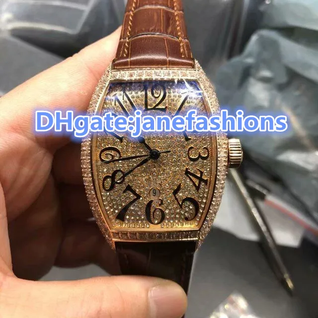 High -quality luxury waterproof watches Rose Gold Diamond Men's wristwatch brown leather strap automatic mechanical watches free shipping