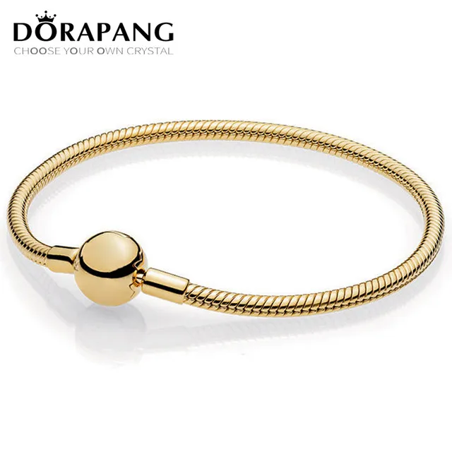 Dorapang 100% 925 STERLING SILE NEW CLASICA Circular Logotipo de 14k Gold Shine Moments Smooth Slish Snake Bracelet