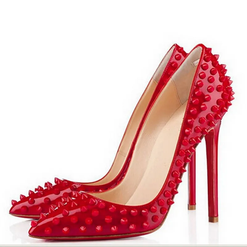 Yeni Kadın Sivri Burun Kırmızı Alt Topuklu Ayakkabı Pompalar Lüks Tasarımcı Perçinler Ayakkabı Kırmızı Taban kadın Düğün Ayakkabı 8 cm 10 cm 12 cm + logo = kutu