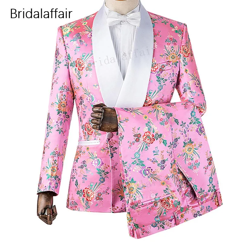 Gwenhwyfar Nieuwe ontwerpen Custom Made Groom Tuxedo Pink Floral Gedrukt Mannen Suit Set voor Wedding Prom Mens Suits 2PCS 2018 (jas + broek)