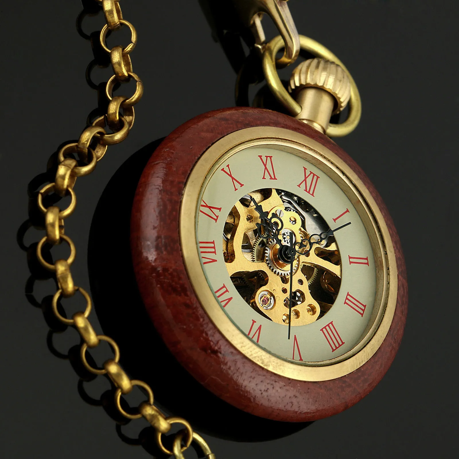 CAIFU Brand New Arrival Open Face Mechanical Mens Pocket Watch Golden Movement Wooden Case Style Skeleton Watch w Chain