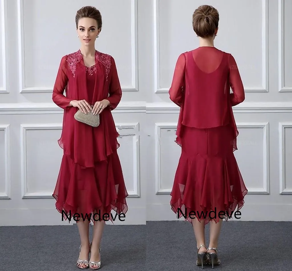 Elegant Dark Red Mother of the Bride Dresses 2024 V Neck Appliques Mermaid Tea Length Wedding Guest Gowns with Coat