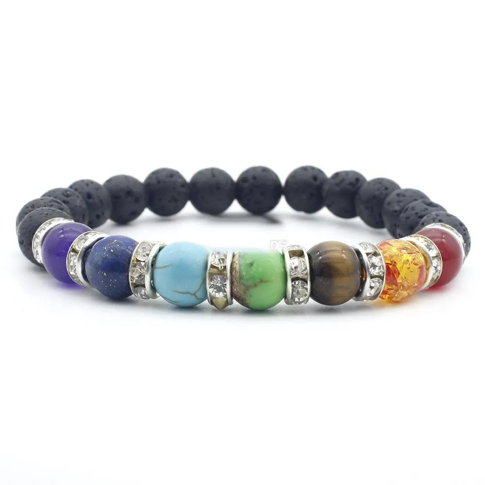 Bracelet Chakra en pierre de lave naturelle de nouveaux Styles bracelet diffuseur d'huile essentielle d'aromathérapie en pierre de roche volcanique pour femmes hommes