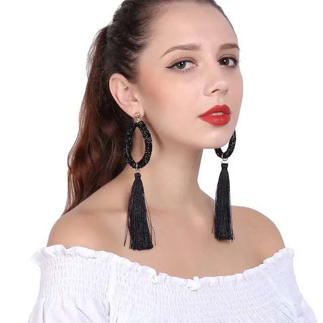 Etnisk överdriven lång tofs dangle örhängen för kvinnor geometriska rhinestone läder slang droppe örhängen mode smycken