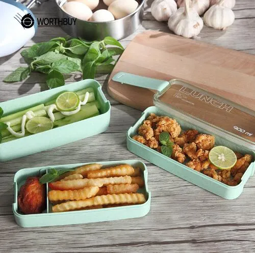 WorthBuy Japanese Microwave Lunchbox för barnskola Miljövänlig BPA Gratis Vete Straw Bento Box Kök Plast Food Container