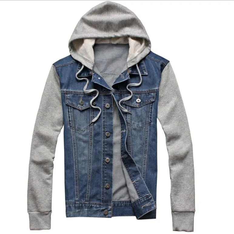 Mannen denim jas patchwork jas met strawstrard cap casual denim hoodies met zakken en knoppen sluiting topwear katoenen mouw en dop