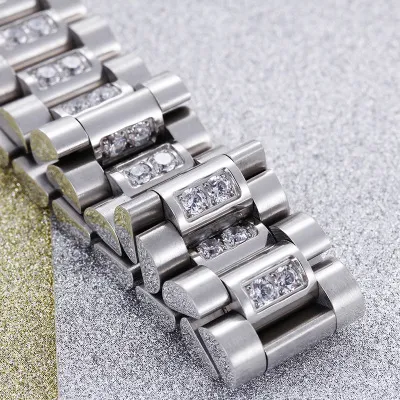 Watch Band Style 15mm Width 316L Stainless Steel Luxury Mens Wristband Link Bracelet with Prong Setting CZ Stones KKA2199