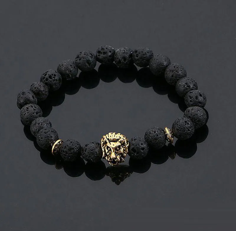 Pulsera de cabeza de león de piedra volcánica pulseras de cuentas de meditación de Buda de moda para hombres joyería de declaración oración envío gratis