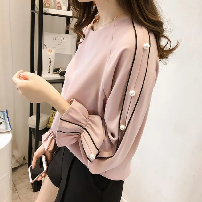 Camicetta in chiffon 2018 Nuove donne Top Camicie a maniche lunghe a tromba Camicette eleganti da donna Pearl Casual Colore rosa bianco Blusas