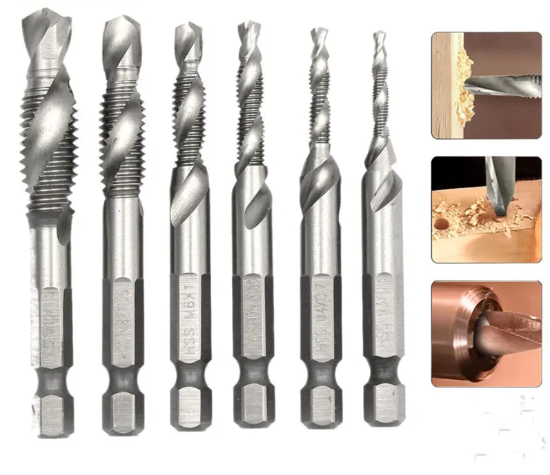 Freeshipping DrillPro 6 sztuk / partia Wiertła ręczna Hex Shank HSS Śruba Spiralna Punkt Spirali Gwint Wtyczki Metryczne Wiertła M3 M4 M5 M8 M10 Narzędzia ręczne