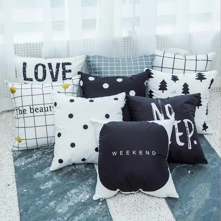 Schwarz-weiße dekorative Kissenhülle aus Plüschstoff, Sofa-Chaise-Kissenbezug, nordische geometrische Almofada-Buchstaben-Cojines