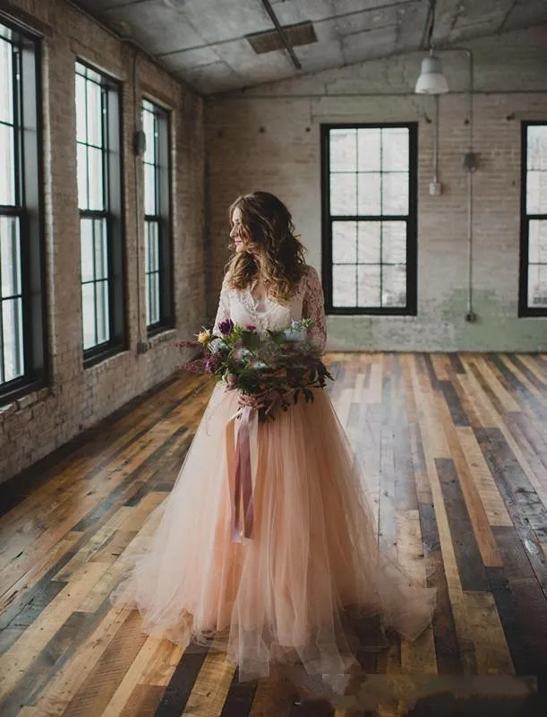 Country-Inspired Boho Long Sleeve Dress Wedding with V-Neckline - Perfect for Outdoor Weddings