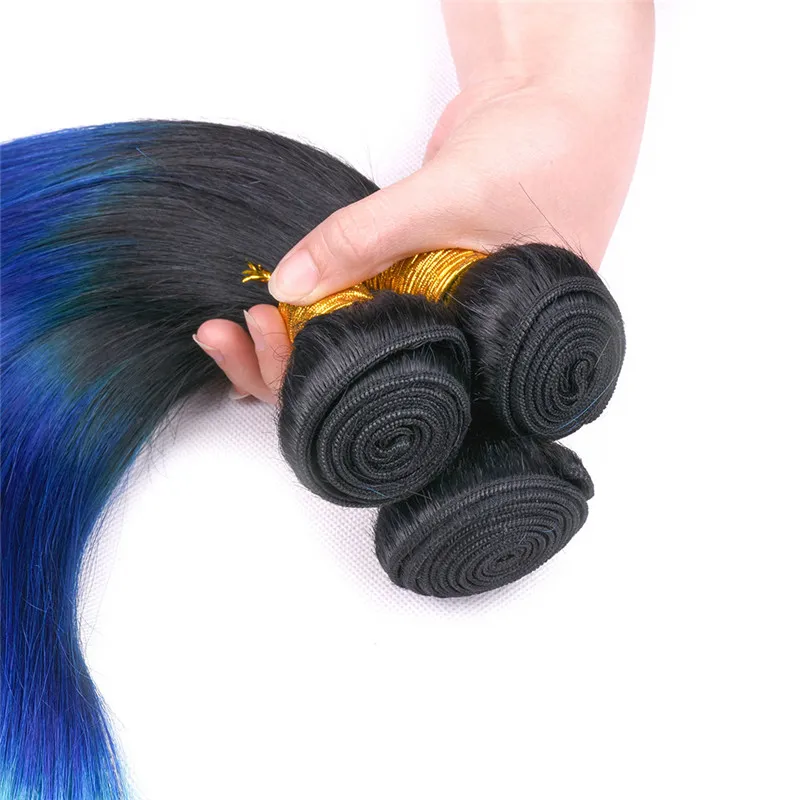 Three Tone 1B/Blue/Teal Ombre Brazilian Human Hair Weave Bundles Silky Straight Virgin Remy Hair Bundle Deals Ombre Double Wefts