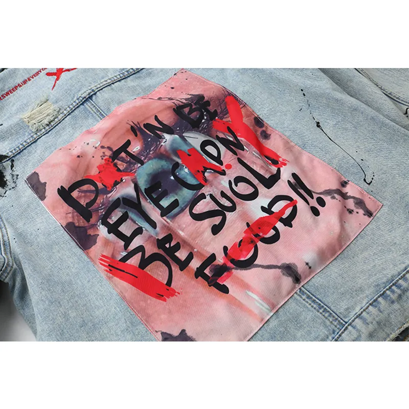 Graffiti-Applikationen, Hip-Hop-Jeansjacke, Herbst, Umlegekragen, Waschmaterial, Jeansjacken für Herren, Freizeitjacken