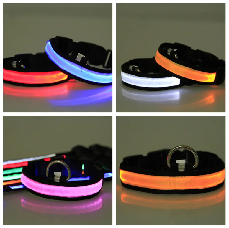 Collier de chien de compagnie de lumière LED Nylon de nuit de sécurité lumineuse extérieure Collier coloré Laisse lueur dans la version de la batterie sombre
