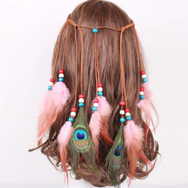Bandeaux de plumes de couleur pure Corde de cheveux colorée Bandeaux tissés de style indien 7 couleurs en gros
