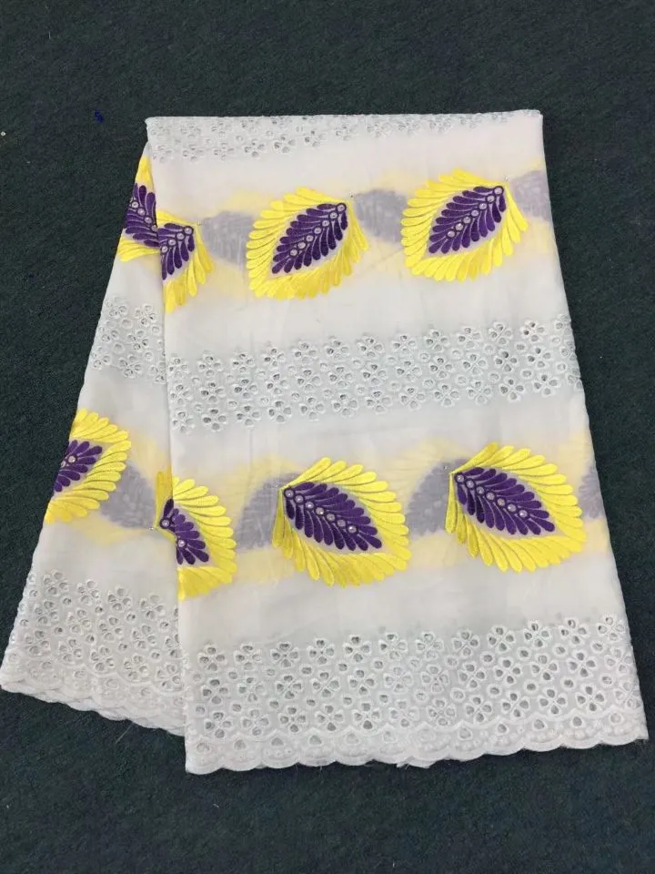 5 Yards / pc Güzel beyaz afrika pamuklu kumaş ile mor ve sarı çiçek swiss vual dantel nakış için giysi BC11-5