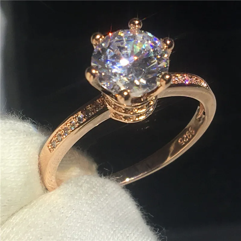 Fashion Lady Crown ring 1ct 5A Zircon Cz Rose Gold Filled 925 silver wedding band rings for women bridal Jewelry Gift