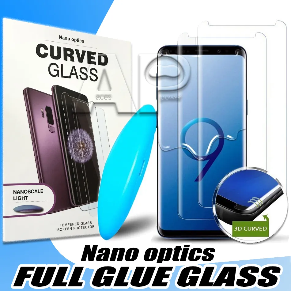 Protectores de pantalla UV Vidrio templado para Samsung Galaxy S20 Ultra S10 Note 20 Pro 10 9 S8 Plus Iphone 11 Pro Max Pegamento líquido completo