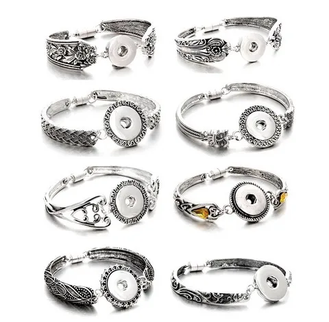 Hot Sale Snap Jewelry Silver 18mm Snap Buttons Bracelet Flowers Carved Vintage Snap Bracelets for Women Men Bangle Bracelets