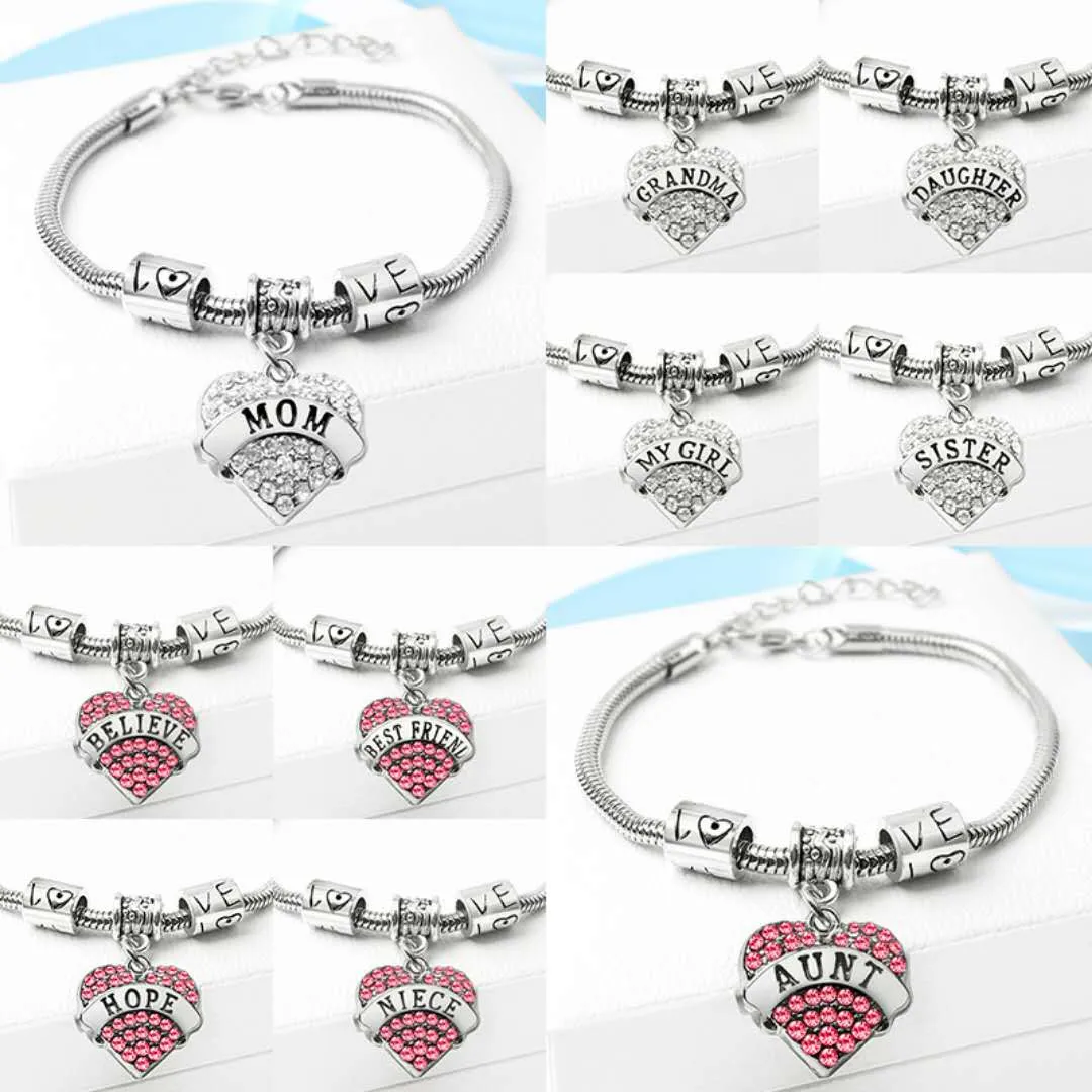 54 typen Diamond Love Heart Charm Armband Crystal Family Lid Mom Dochter Grandma Geloof Geloof Hope Best Friend Polsband Voor Vrouwen