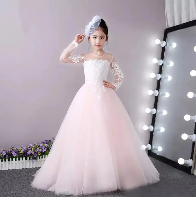 Latest 2018 White Lace Pale Pink Tulle Long Sleeve Flower Girls Dresses For Weddings Crew Sheer Neck Lace Applique Girl Pageant Gown EN1055