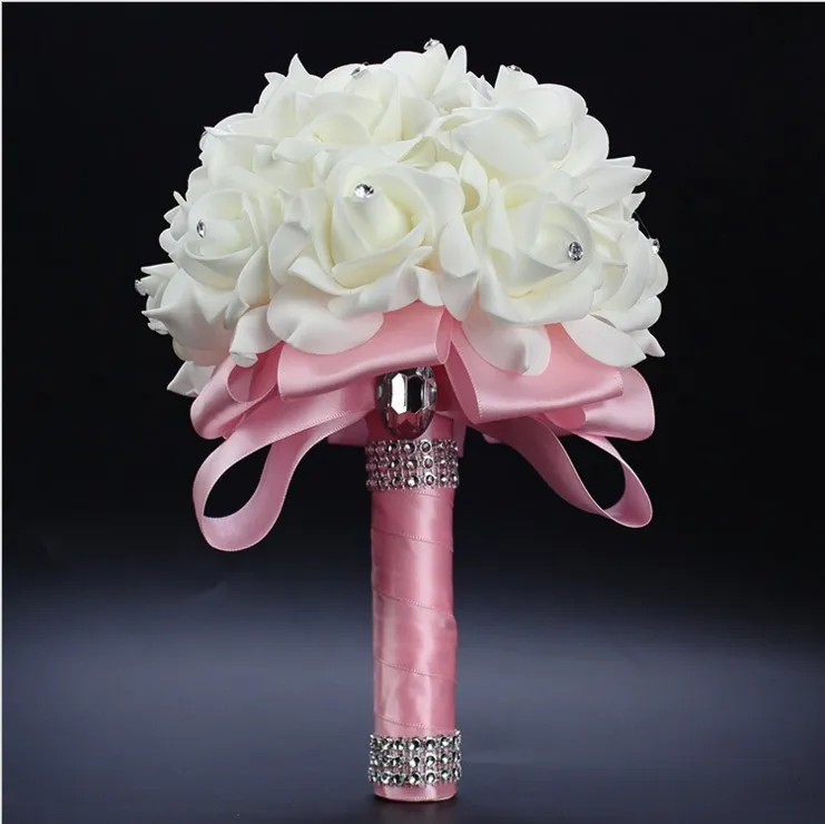 Elegante rosa artificiale fiori da sposa bouquet da sposa bouquet da sposa cristallo nastro di seta blu royal nuovo buque de noiva i7762141