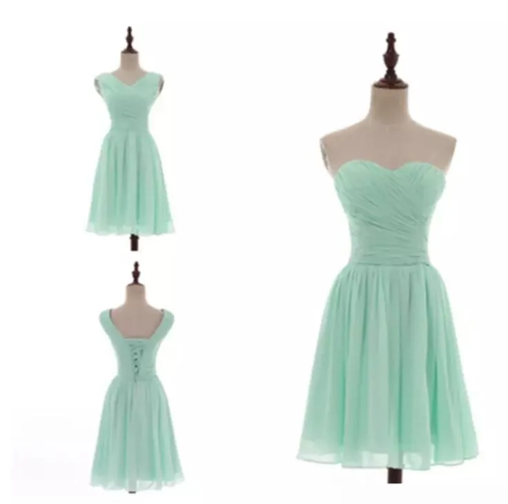 Mixed Styles Pleated Short Chiffon Country Bridesmaid Dresses Mint Green Knee Length Wedding Bridesmaid Dresses 100% Real Pictures