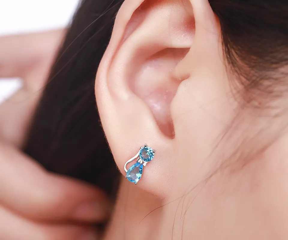 925 Sterling Silver Cute kittens Kitty Cat Ocean Blue Crystals Stud Earrings For Women Girls Kids Child Jewelry Anti-Allergic