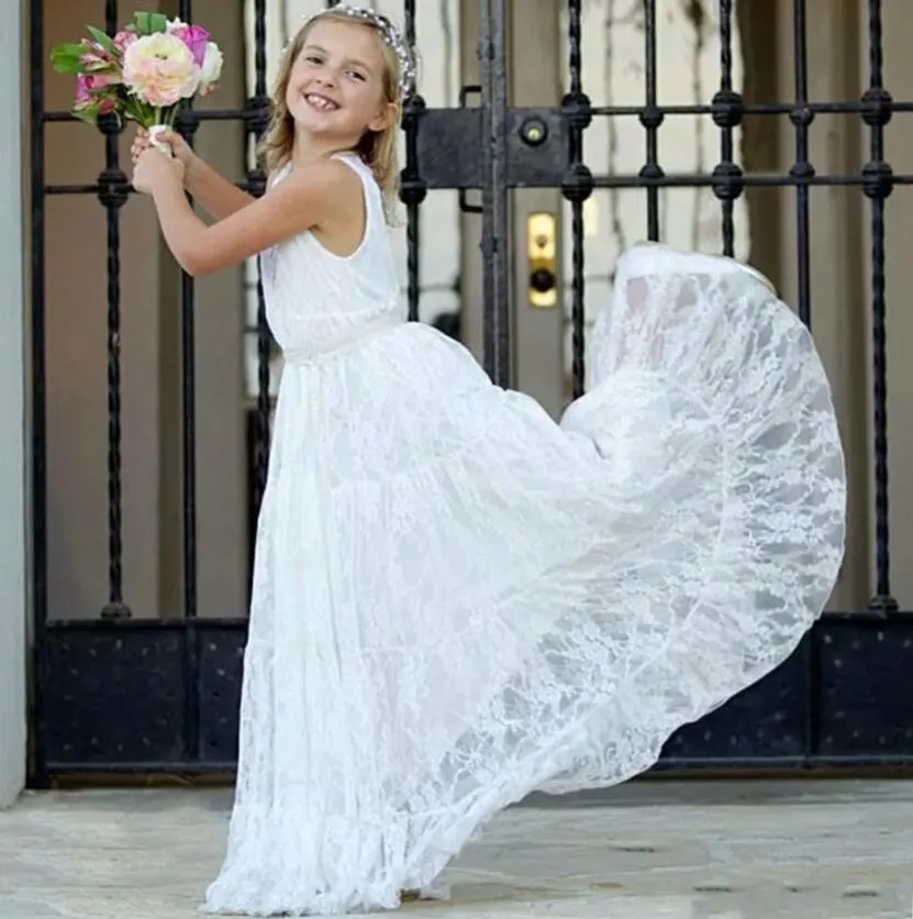 Boho Lace Flower Girl Dresses Country Style V Neck Sash Wedding Dresses for Juniors Bridesmaids Beach Wear Long Kids Birthday Dress