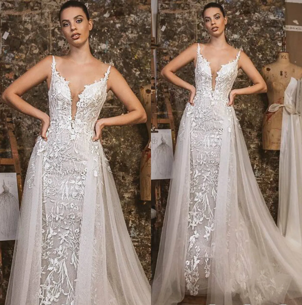 Lavish by Yaniv Persy Spadek 2019 Suknie ślubne Syrenki z Overdkirts V Neck Tanie Vestido De Novia Lace Boho Wedding Suknie ślubne