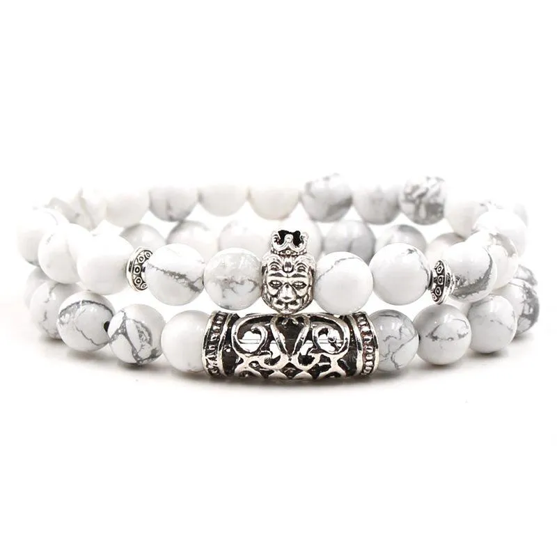 New White Turquoise Bracelet 8mm Natural Stone Bracelet Owl Lion Skull Punk Bangles For Women & Men Gift