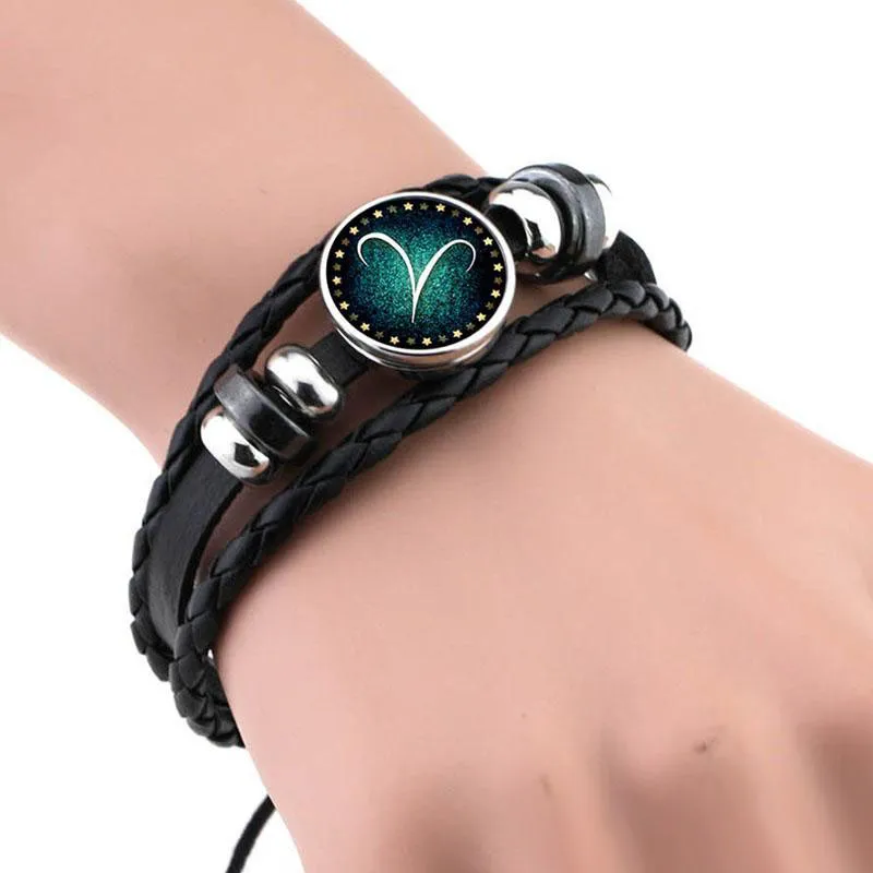 Constellation Zodiac Barcelet Weave Mehrschichtige Wickelarmbänder Armband Manschettenknöpfe für Damen Herren Glas Cabochon Schmuck