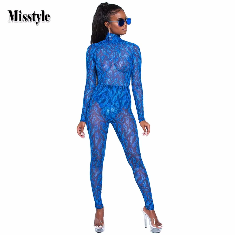 Misstyle Mesh Kombinezon Sexy Kobiety Niebieski Ogień Drukowane Body Turtleneck Odbór Skinny Długie Rękawy Panie Kombinezony