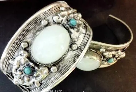 Charm-Armband aus weißem Mondstein, Armreif, Tibet-Silber, geschnitzt, Unisex-Geschenk
