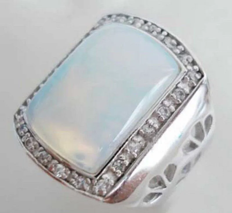 Huge White Fire Opal Silver Crystal Men's Ring Size 7,8,9,10