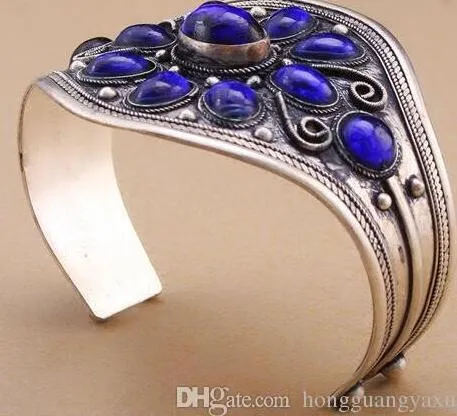 Lapislazuli Manschettenarmband Tibet Silber geschnitzte Blume Frau Geschenk Mode