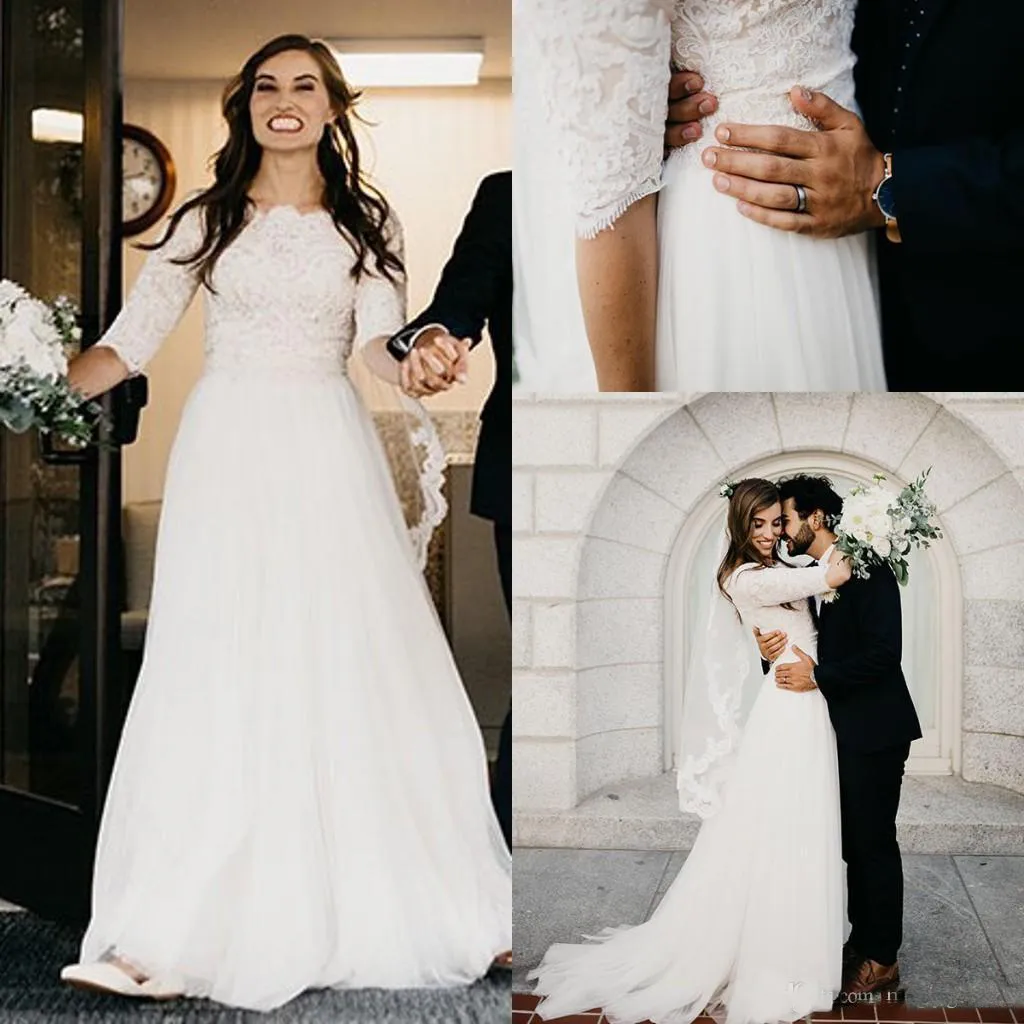A Line Ivory Lace Modest Wedding Dresses 2018 With Half Sleeves Boat Neck Short Sleeves Informal Dresses Boho Country Bridal Gowns From 108 31 DHgate