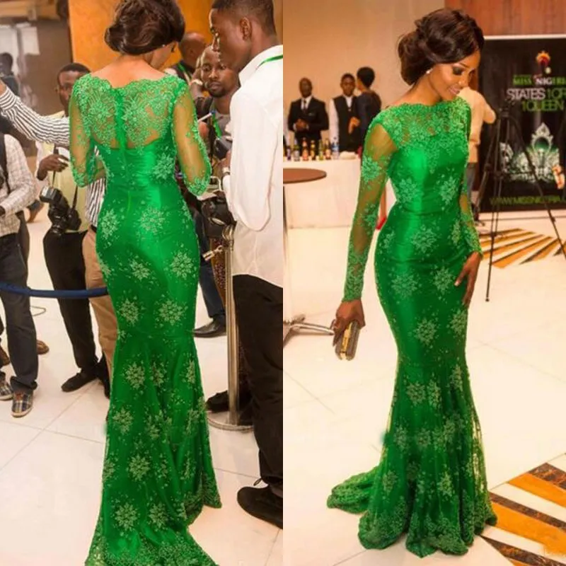 Beliebte smaragdgrüne Meerjungfrau-Abendkleider, nigerianische Spitzenstile, transparenter Hals, Illusion, lange Ärmel, Reißverschluss, roter Teppich, Sweep-Zug