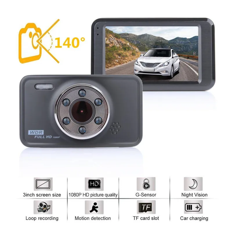 Full HD car DVR 1080P digital dashcam driving data recorder 3" 140 degrees night vision camcorder G-sensor motion detection parking monitor