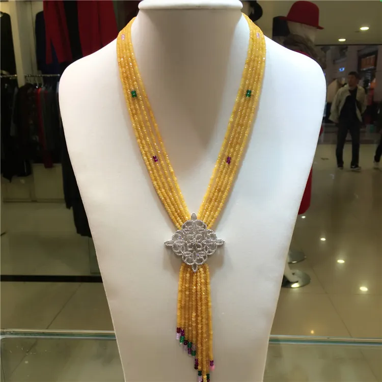 Neuer Stil, 2 x 4 mm, mehrschichtige Halskette mit gelbem Stein, Mikro-Inlay, Zirkon-Zubehör, Verschluss, Modeschmuck