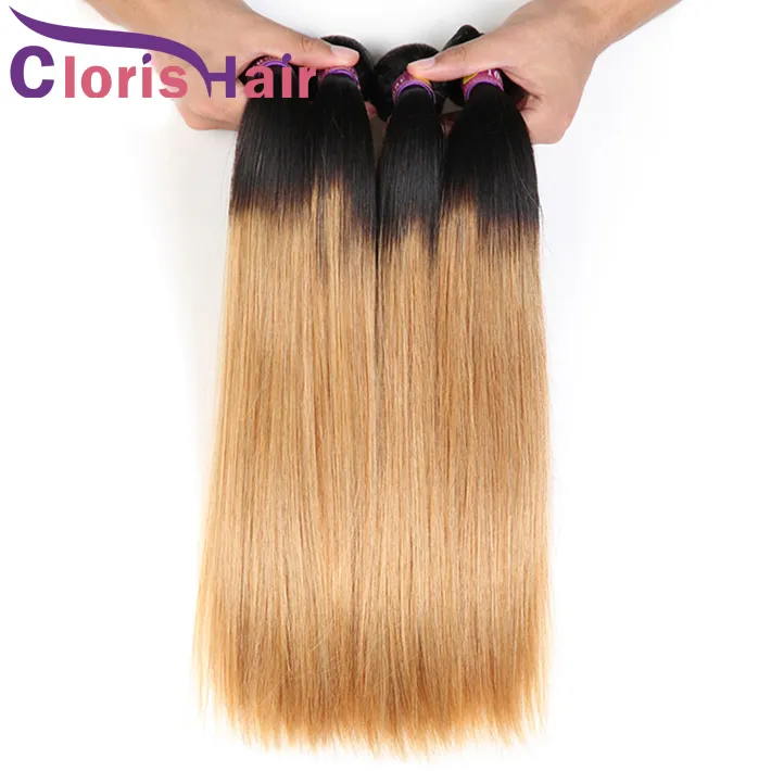 Dark Roots Honey Blonde Cabello liso teje Virgin Brazilian Malaysian Human Hair 3 Bundles Ombre 1B / 27 Blonde Coser en extensiones de cabello