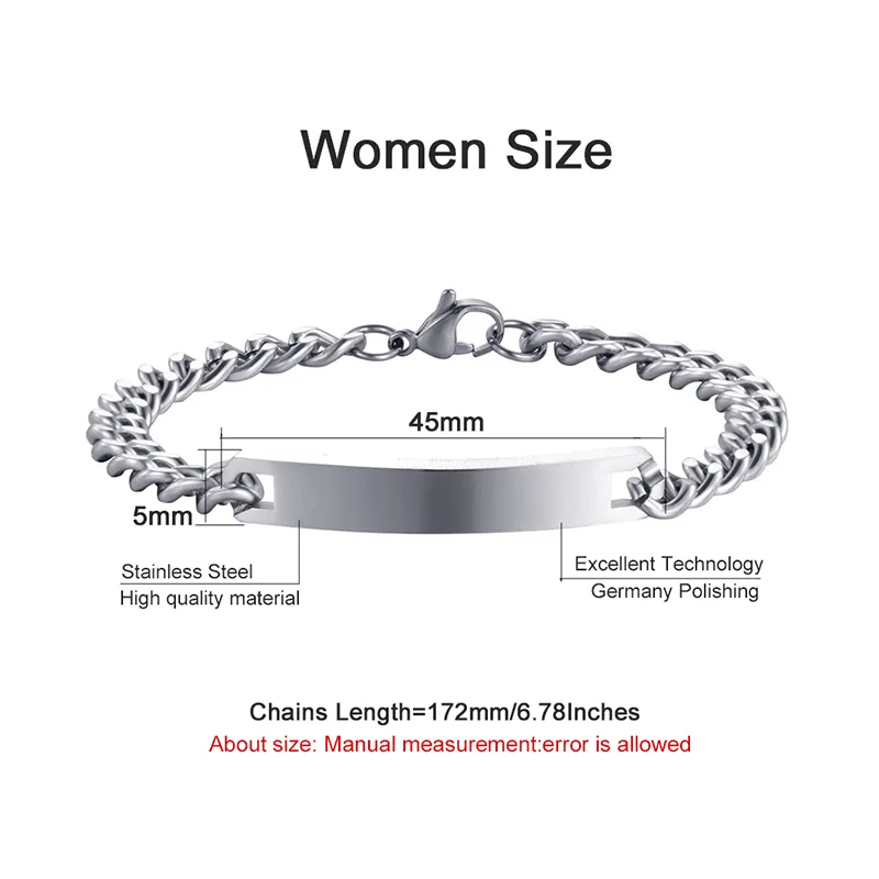 Mode mannen vrouwen armbanden 316 l roestvrij stalen armbanden zilver toon hoge kwaliteit stijl lege tag armbanden voor volwassen mannen