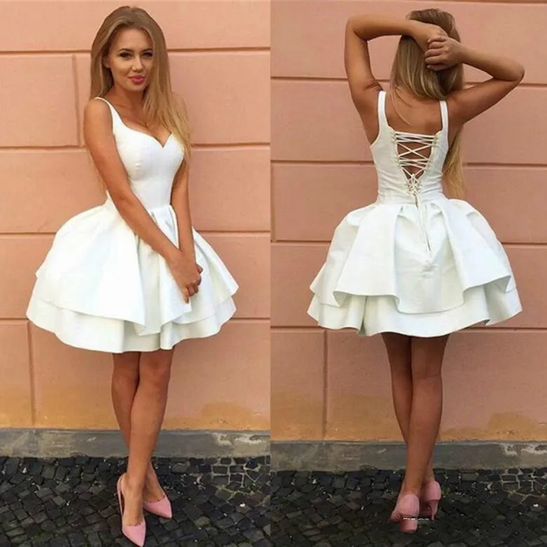 Sexy V-Neck Satin White Arabskie Sukienki Homecoming Gorset Back Bez Rękawów Długość Kolana Krótki Prom Dress Cocktail Graduation Party Club Nosić