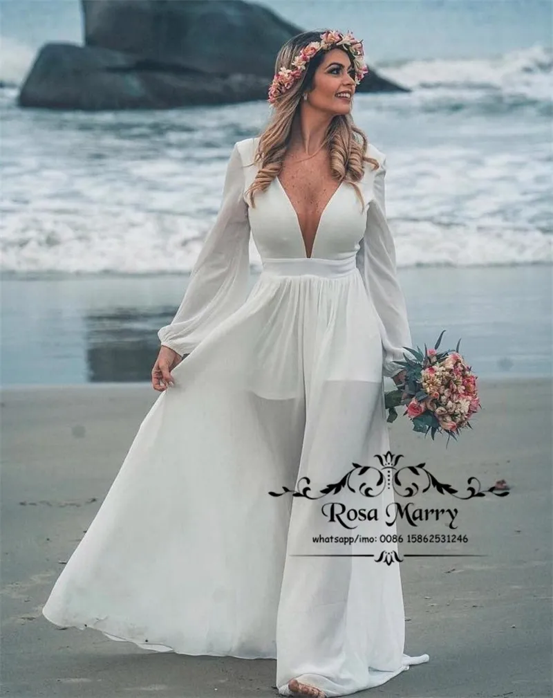 Modest Plus Size Boho Beach Trouwjurken 2019 Een lijn Lange mouwen Goedkope Chiffon Greek Country Bohemian Bridal Jurken Vestido de Novia